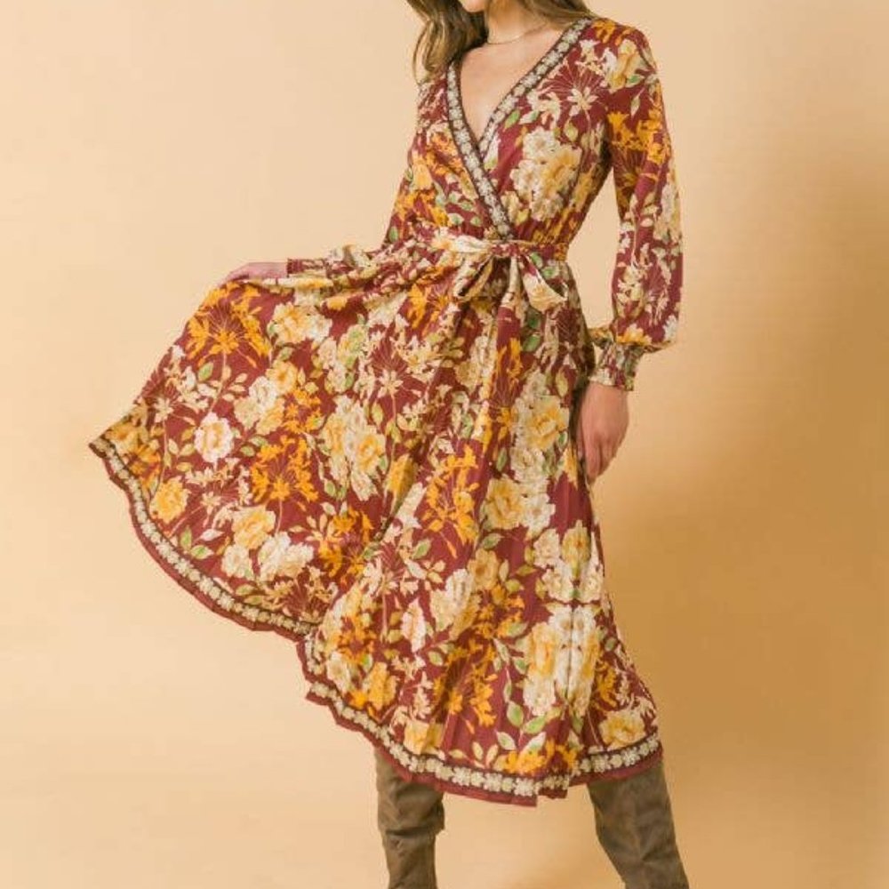 NEW elegant floral long sleeve midi dress by flying tomatoe